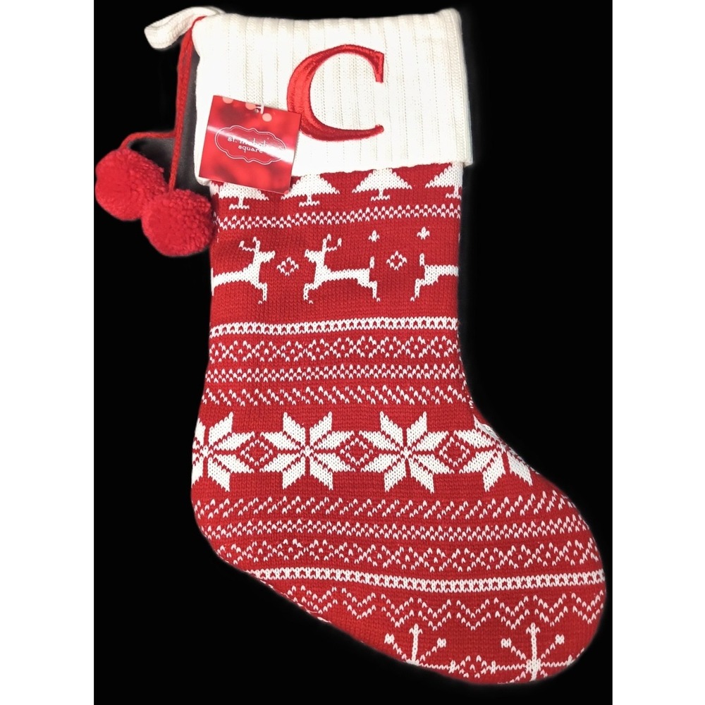 Christmas Stocking Knit, Embroidery Initial Letter C, 19" x 8"‎